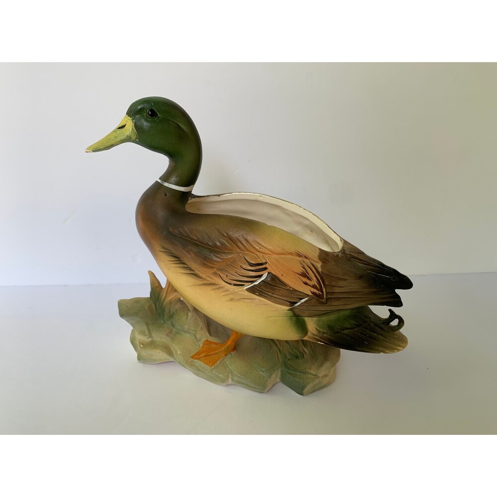 Vintage Lefton Mallard Duck Planter chip on underside of beak - 7” x 8” x 3 3/4”
